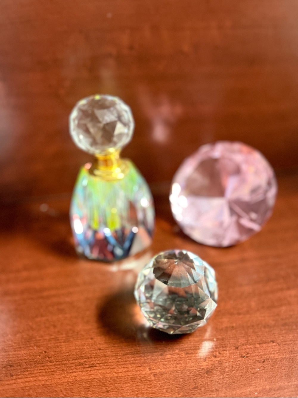 Crystal Decorative Perfume Bottle & Faceted Orbs - Clear with Pink Accent